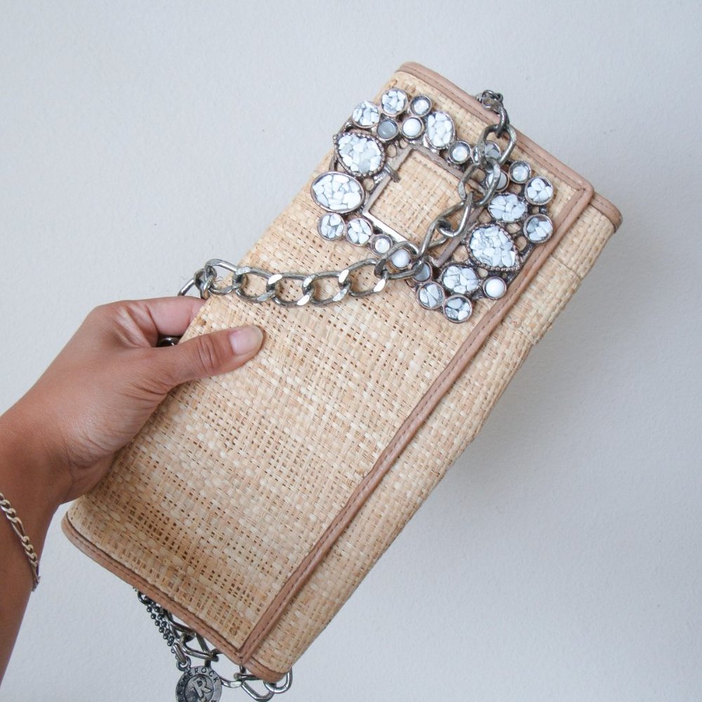 LEATHEROCK Chicest Chain Strap Woven Raffia Satchel Bag ~ Orig retail $245~ - Picture 4 of 13